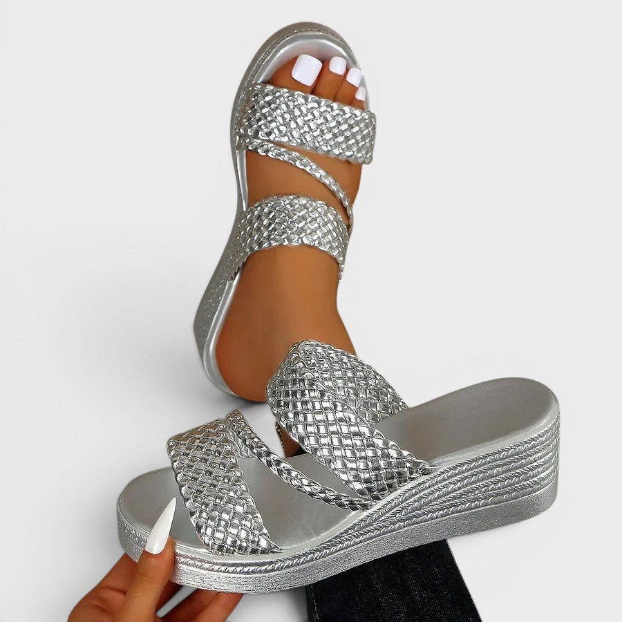 Sandales plateforme double brides tressées argenté pour femme