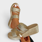 Sandales plateforme double brides tressées or pour femme