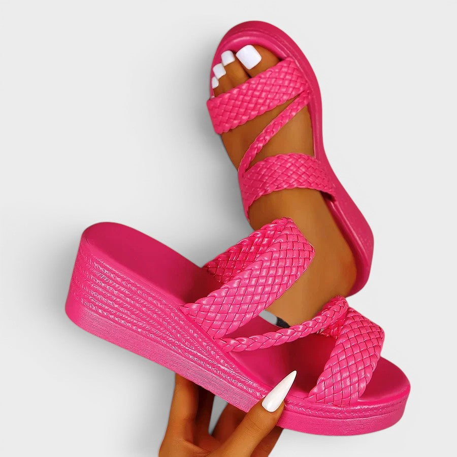 Sandales plateforme double brides tressées rose pour femme