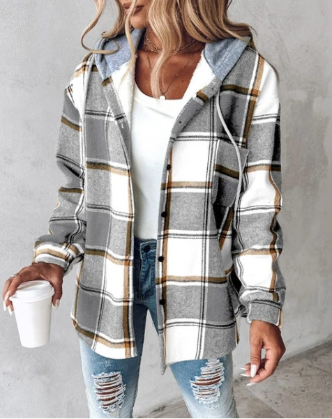 Sweat à capuche motif carreaux avec poches gris pour femme