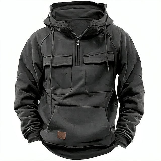 Sweat à capuche demi-zip poches cargo gris pour homme