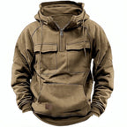 Sweat à capuche demi-zip poches cargo kaki pour homme
