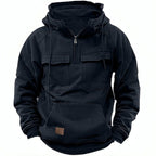 Sweat à capuche demi-zip poches cargo noir pour homme