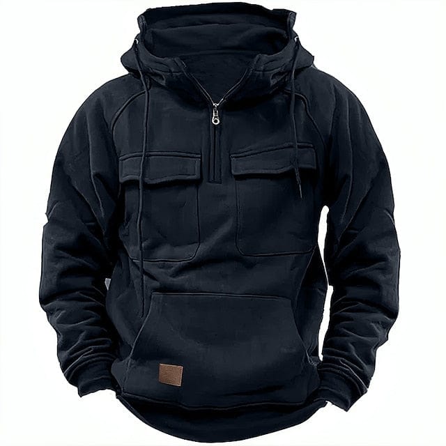 Sweat à capuche demi-zip poches cargo noir pour homme