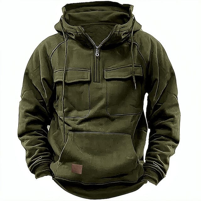 Sweat à capuche demi-zip poches cargo vert foncé pour homme
