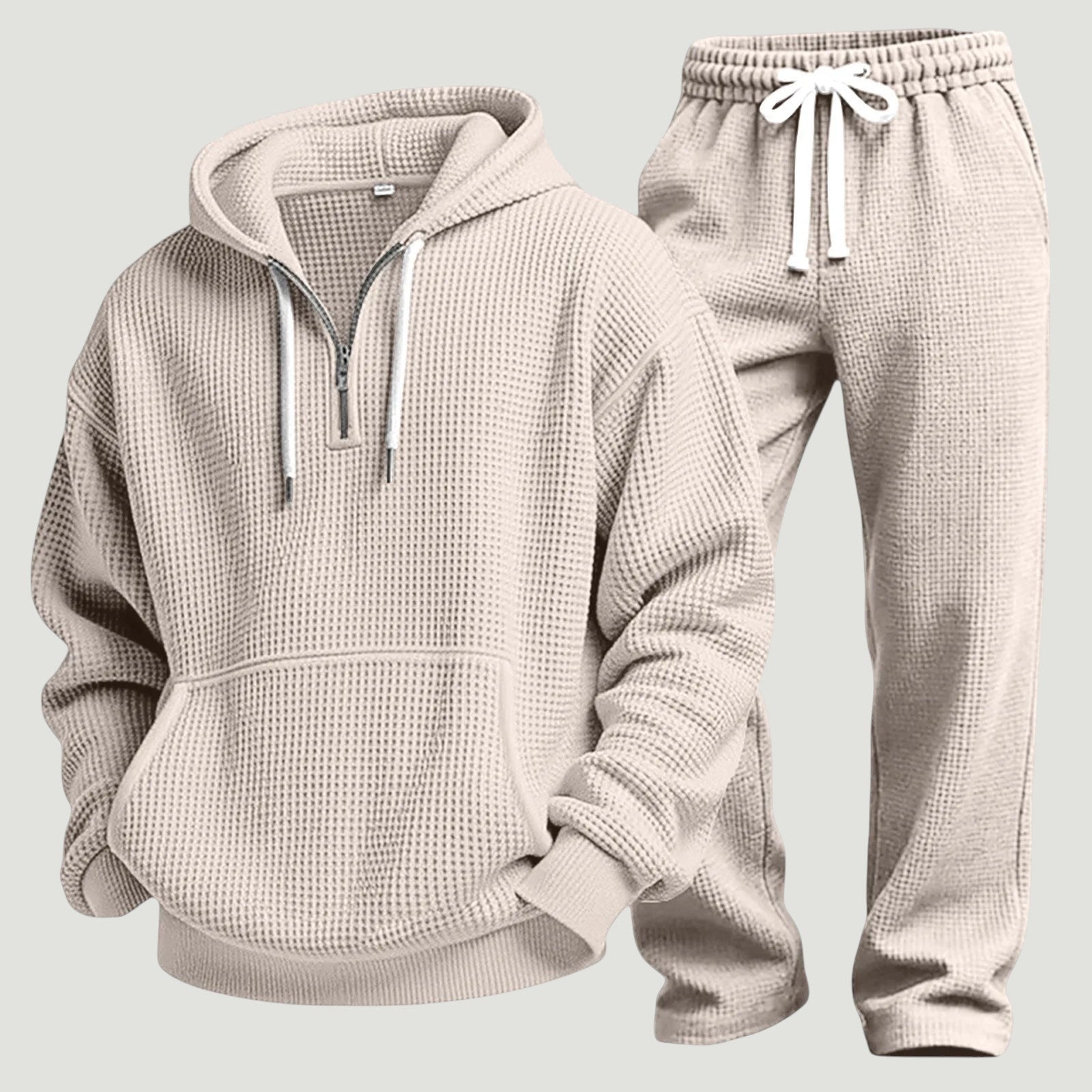 Sweat à capuche demi-zip texture gaufrée beige pour homme
