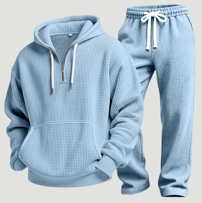 Sweat à capuche demi-zip texture gaufrée bleu ciel pour homme