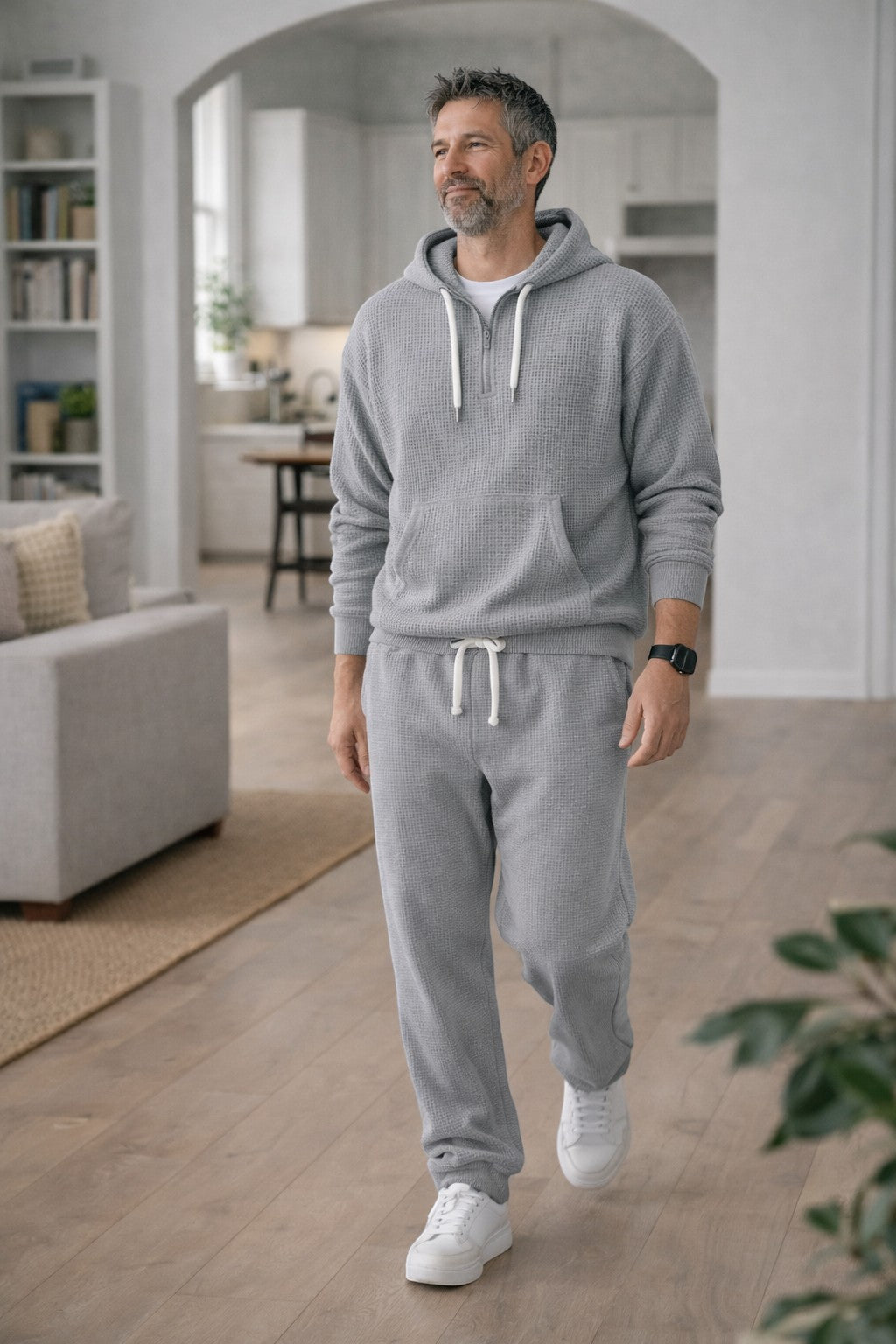 Sweat à capuche demi-zip texture gaufrée pour homme – vue 2