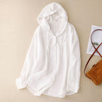 Sweat à capuche en lin boutonné décontracté blanc pour femme