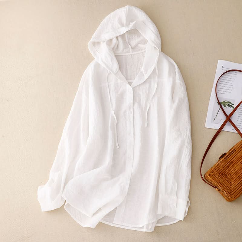 Sweat à capuche en lin boutonné décontracté blanc pour femme