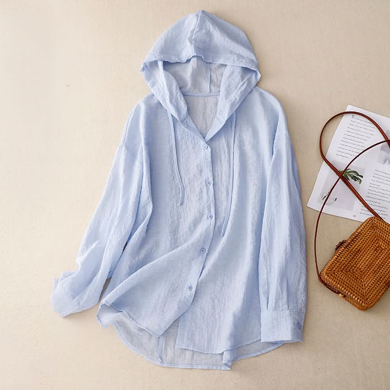 Sweat à capuche en lin boutonné décontracté bleu pour femme