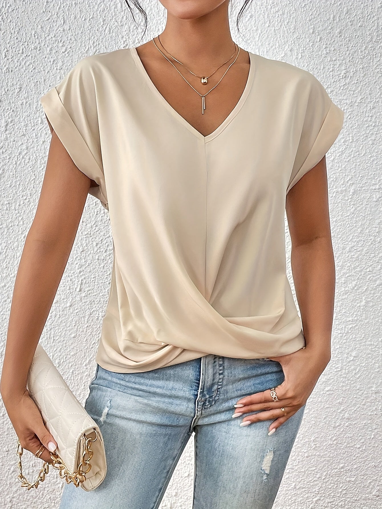 T-shirt décontracté col V drapé manches courtes abricot pour femme