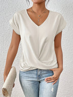 T-shirt décontracté col V drapé manches courtes blanc pour femme