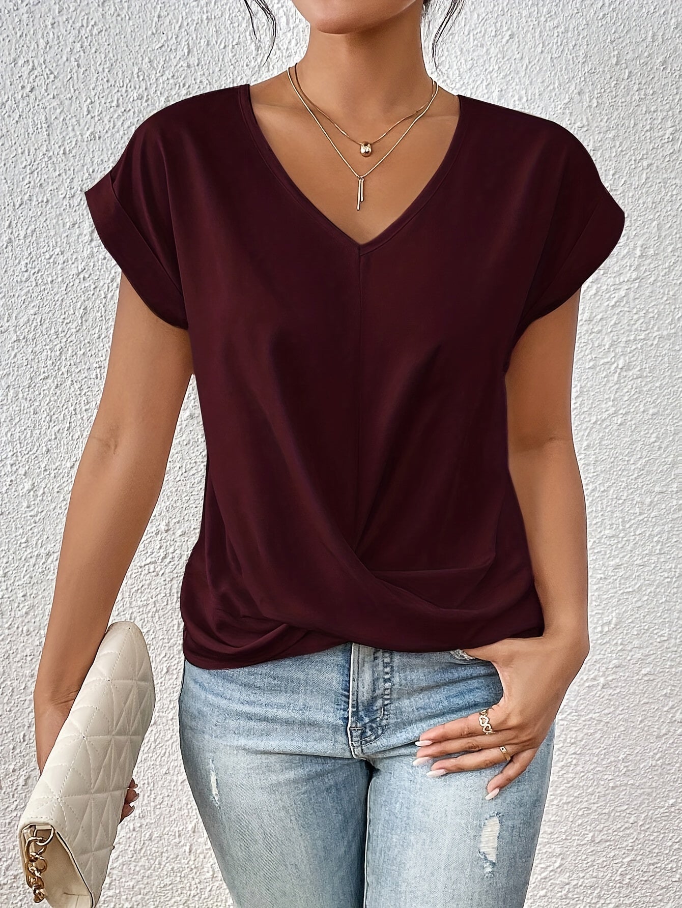 T-shirt décontracté col V drapé manches courtes burgundisch pour femme