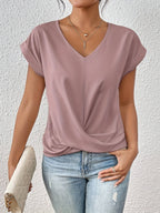 T-shirt décontracté col V drapé manches courtes rose pour femme