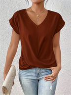 T-shirt décontracté col V drapé manches courtes rouge pour femme