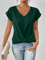 T-shirt décontracté col V drapé manches courtes vert pour femme