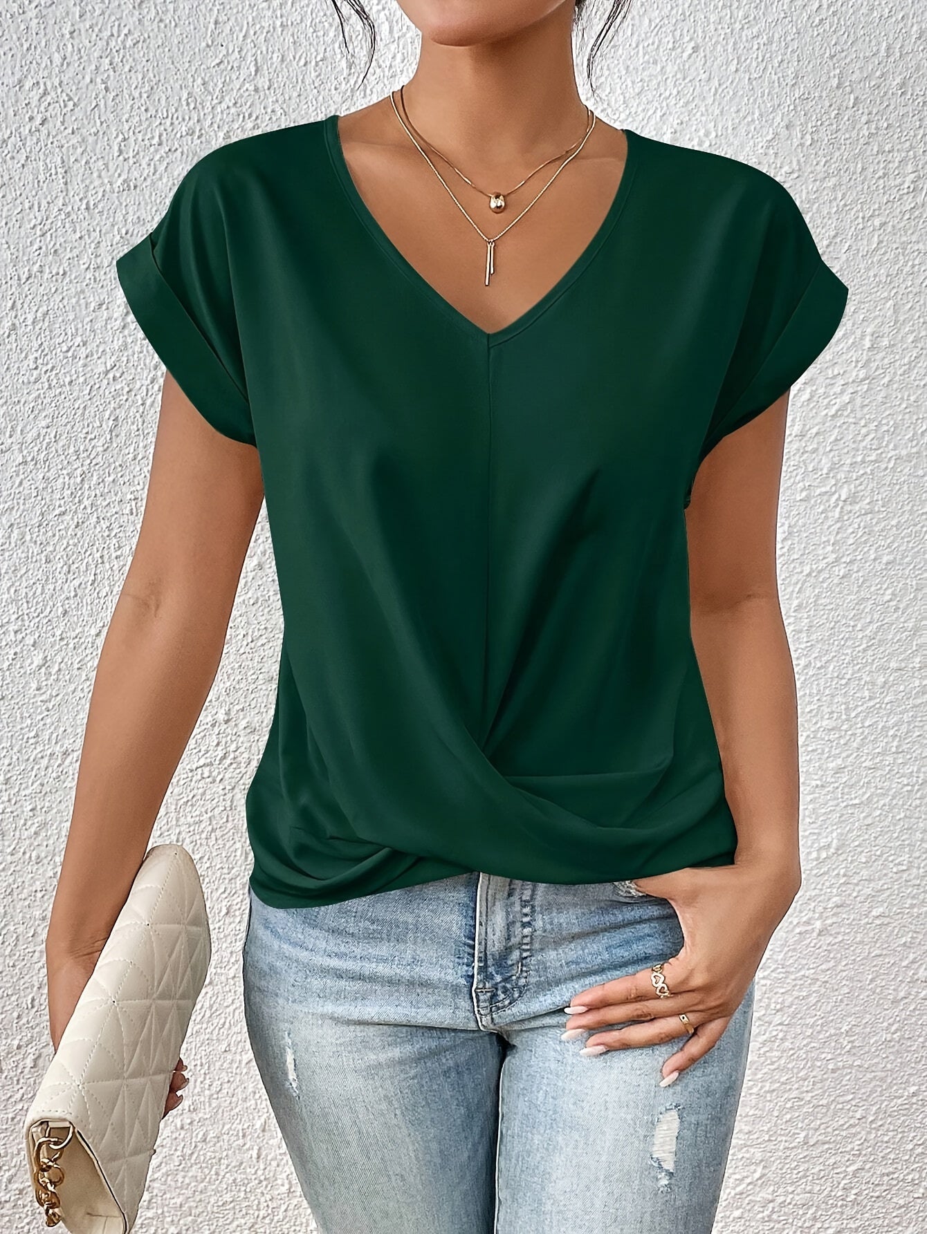 T-shirt décontracté col V drapé manches courtes vert pour femme