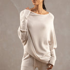 Top poncho asymétrique col bateau manches longues beige pour femme