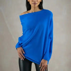 Top poncho asymétrique col bateau manches longues bleu pour femme