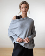 Top poncho asymétrique col bateau manches longues gris clair pour femme