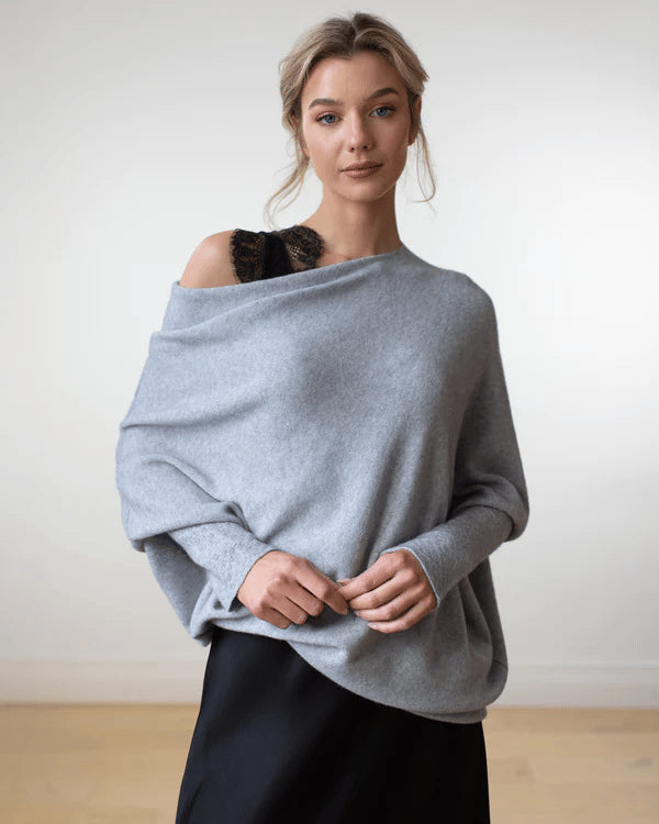Top poncho asymétrique col bateau manches longues gris clair pour femme