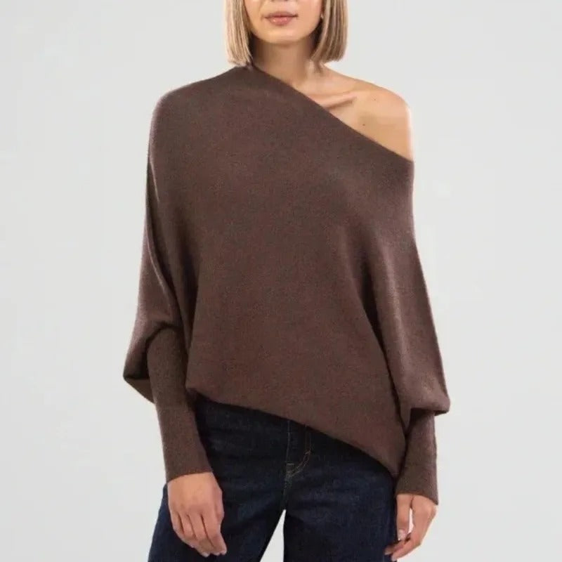 Top poncho asymétrique col bateau manches longues marron pour femme