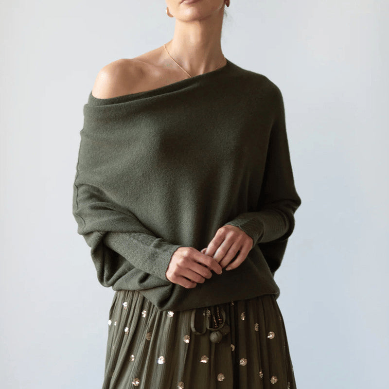 Top poncho asymétrique col bateau manches longues vert militaire pour femme