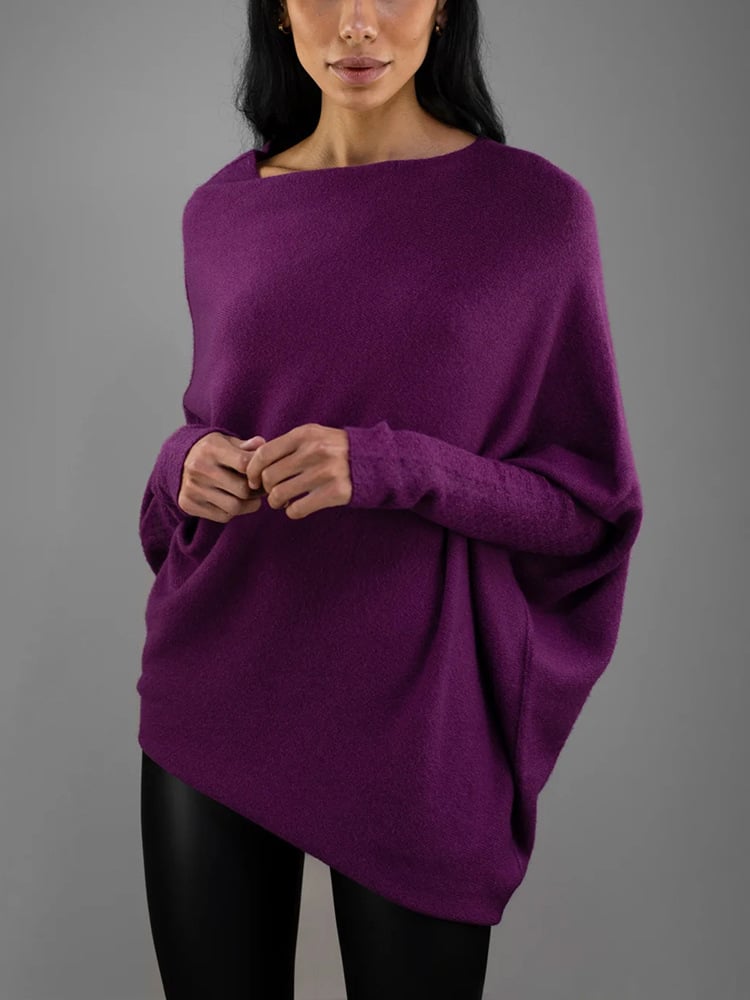 Top poncho asymétrique col bateau manches longues violet pour femme