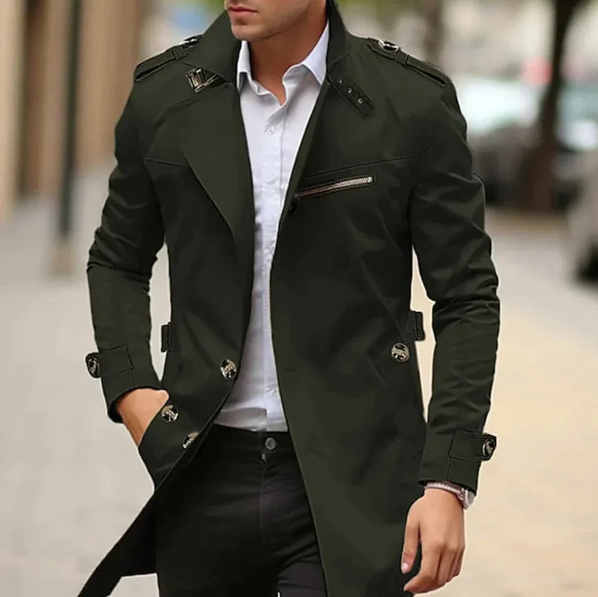 Trench ajusté double boutonnage détails militaires vert pour homme