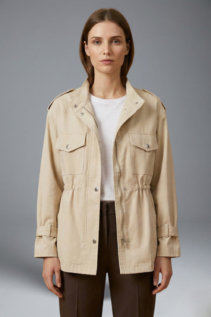Trench ceinturé à poches multiples et col montant crème pour femme