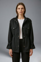 Trench ceinturé à poches multiples et col montant noir pour femme