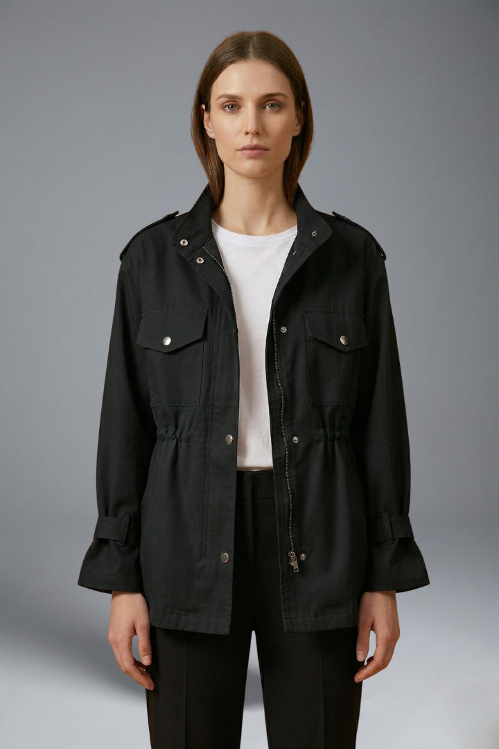 Trench ceinturé à poches multiples et col montant noir pour femme