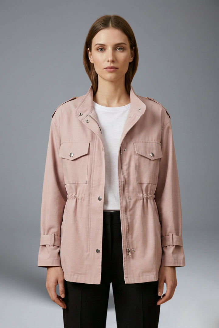 Trench ceinturé à poches multiples et col montant rose pour femme