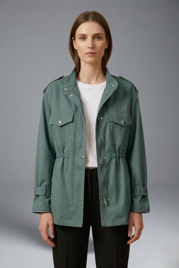 Trench ceinturé à poches multiples et col montant vert pour femme