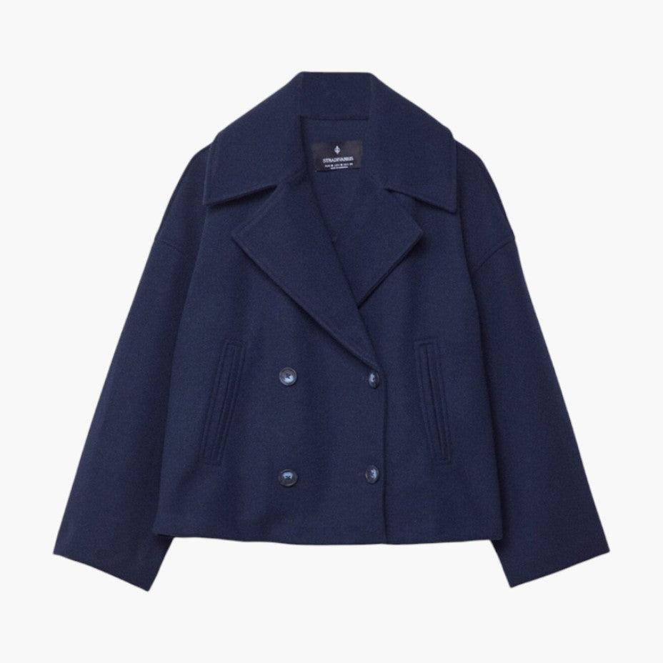 Trench court col cranté double boutonnage bleu pour femme