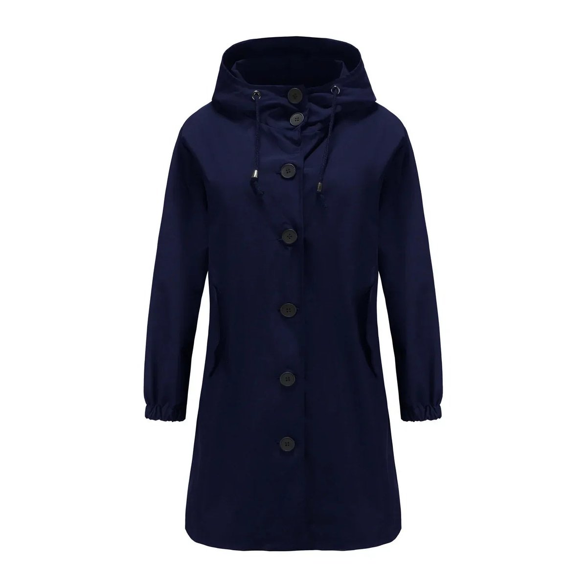 Trench long à capuche et poches bleu marine pour femme