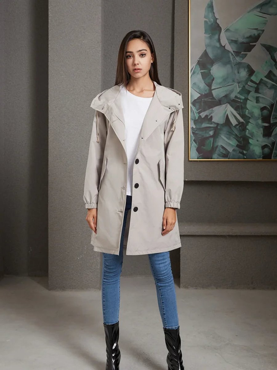 Trench long à capuche et poches pour femme