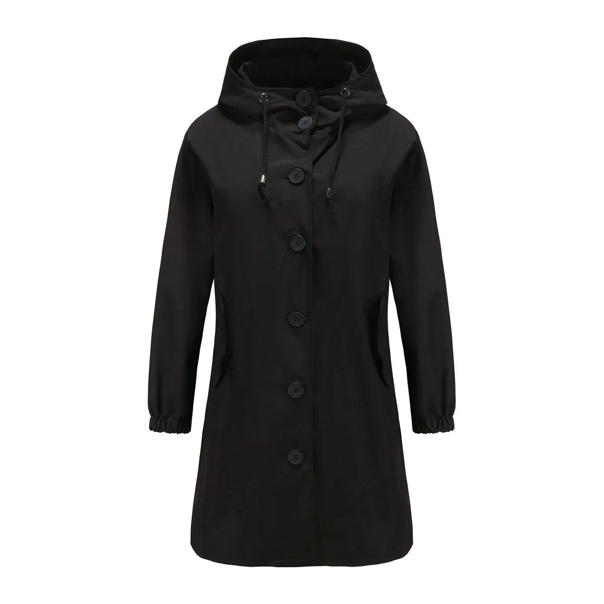 Trench long à capuche et poches noir pour femme
