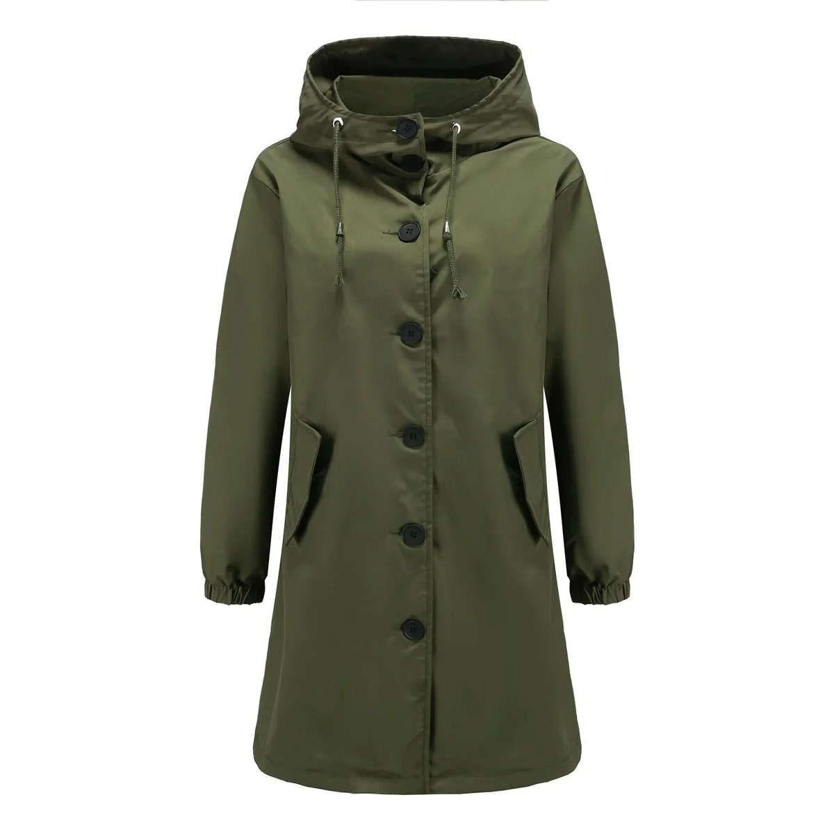 Trench long à capuche et poches vert olive pour femme