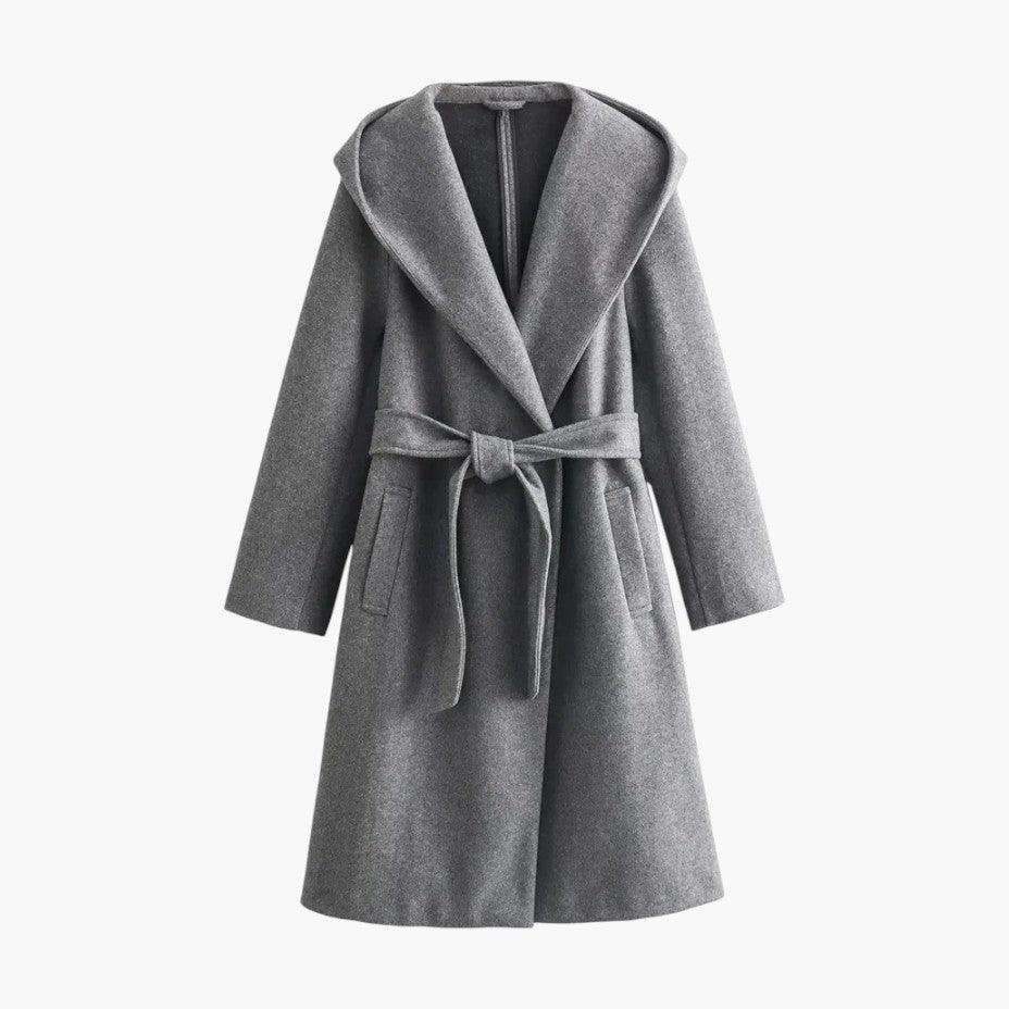 Trench long à capuche et ceinture gris pour femme