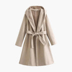 Trench long à capuche et ceinture kaki pour femme