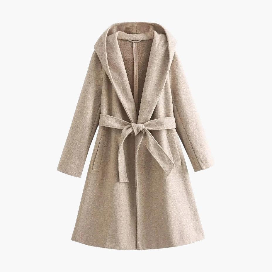 Trench long à capuche et ceinture kaki pour femme