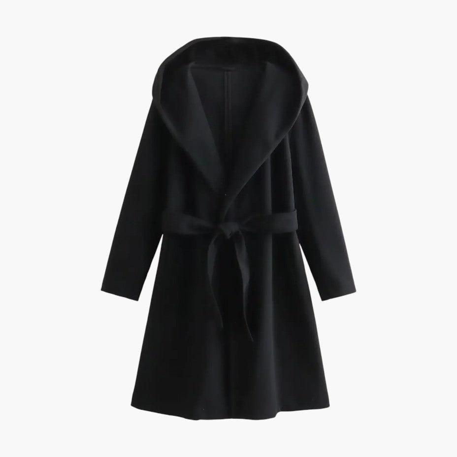 Trench long à capuche et ceinture noir pour femme