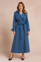 Trench long ceinturé col large structuré bleu pour femme