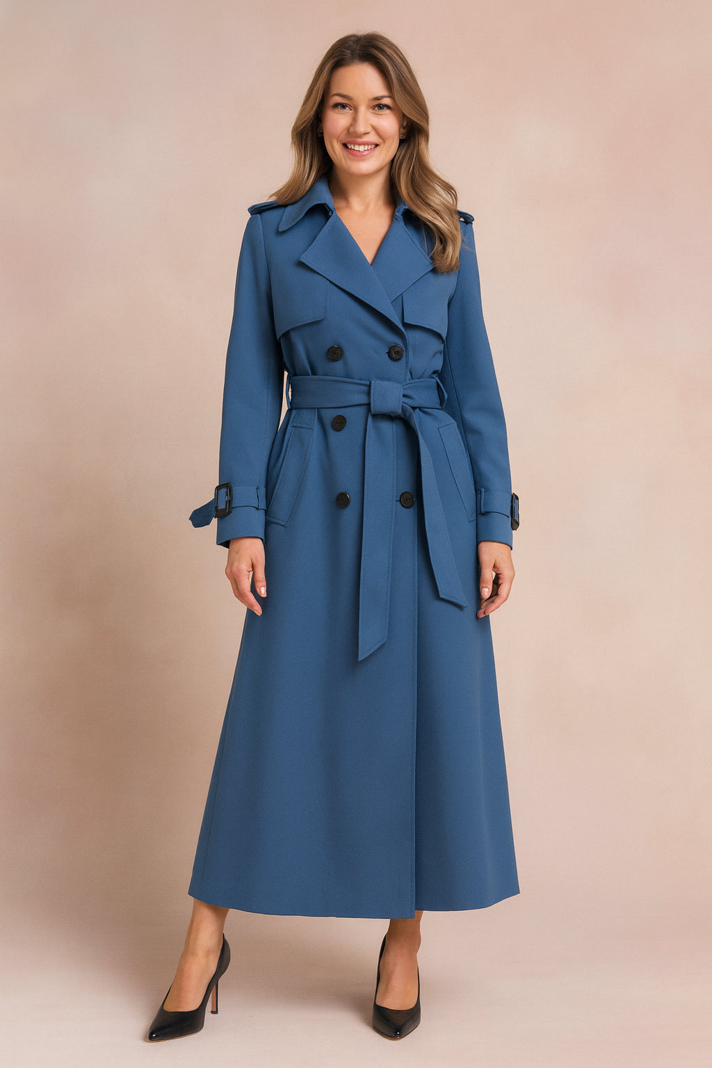 Trench long ceinturé col large structuré bleu pour femme