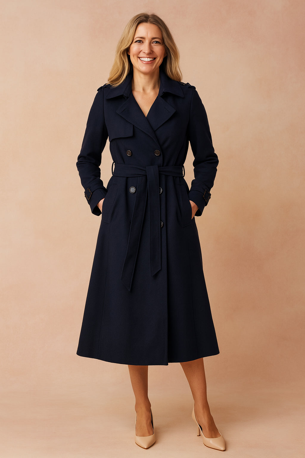 Trench long ceinturé col large structuré bleu foncé pour femme