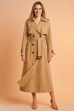 Trench long ceinturé col large structuré marron pour femme