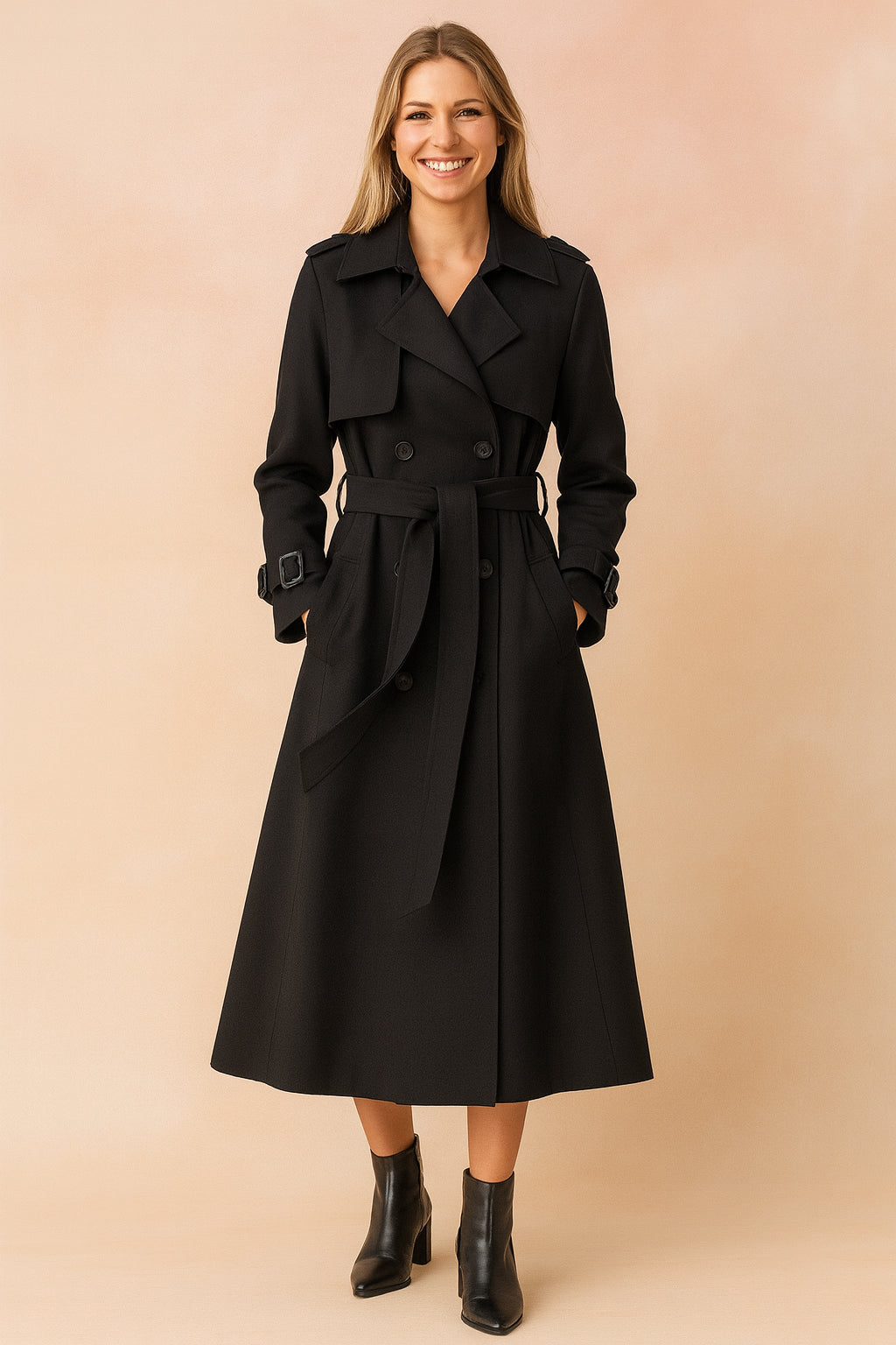 Trench long ceinturé col large structuré noir pour femme