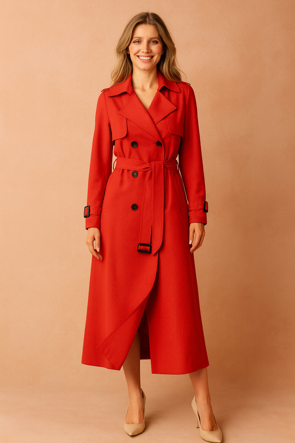 Trench long ceinturé col large structuré rouge pour femme